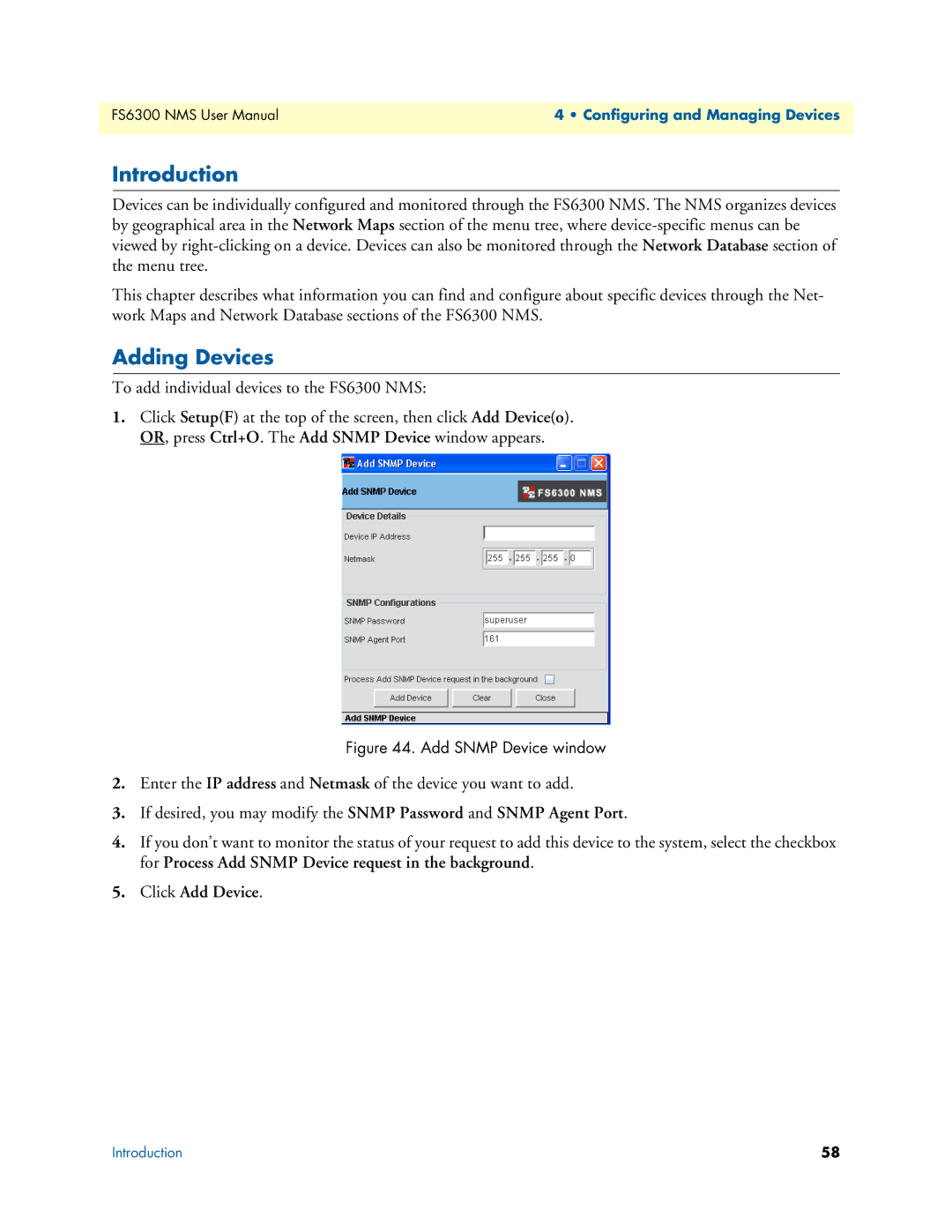 Patton electronic user manual Adding Devices, To add individual devices to the FS6300 NMS 