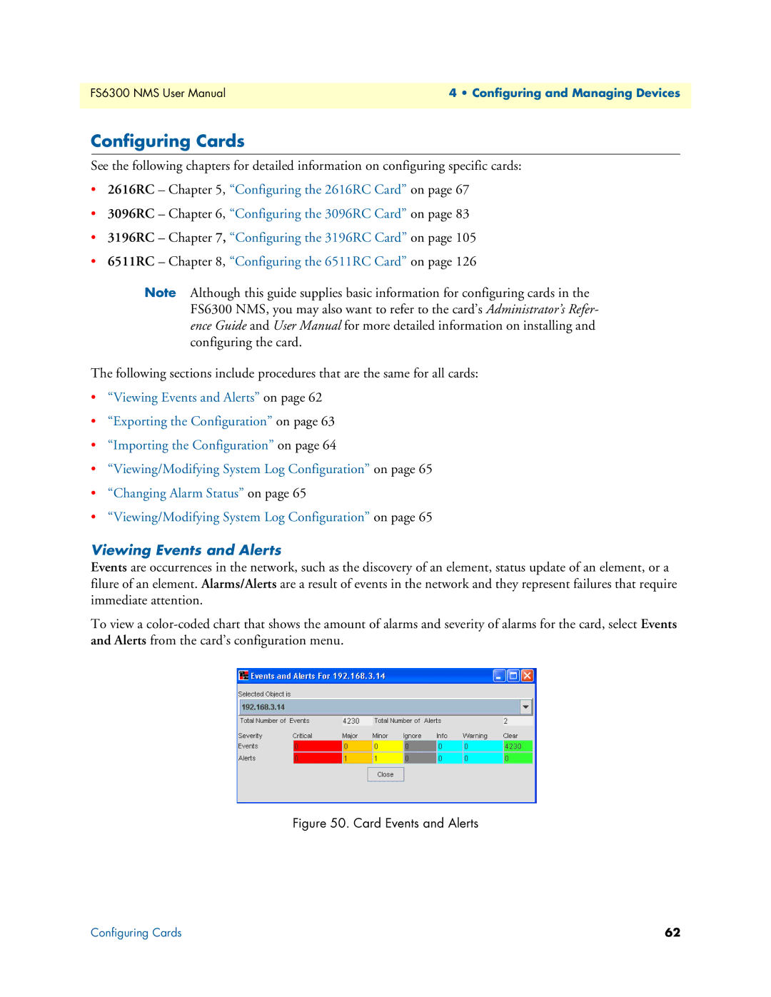 Patton electronic 6300 user manual Configuring Cards, Viewing Events and Alerts 