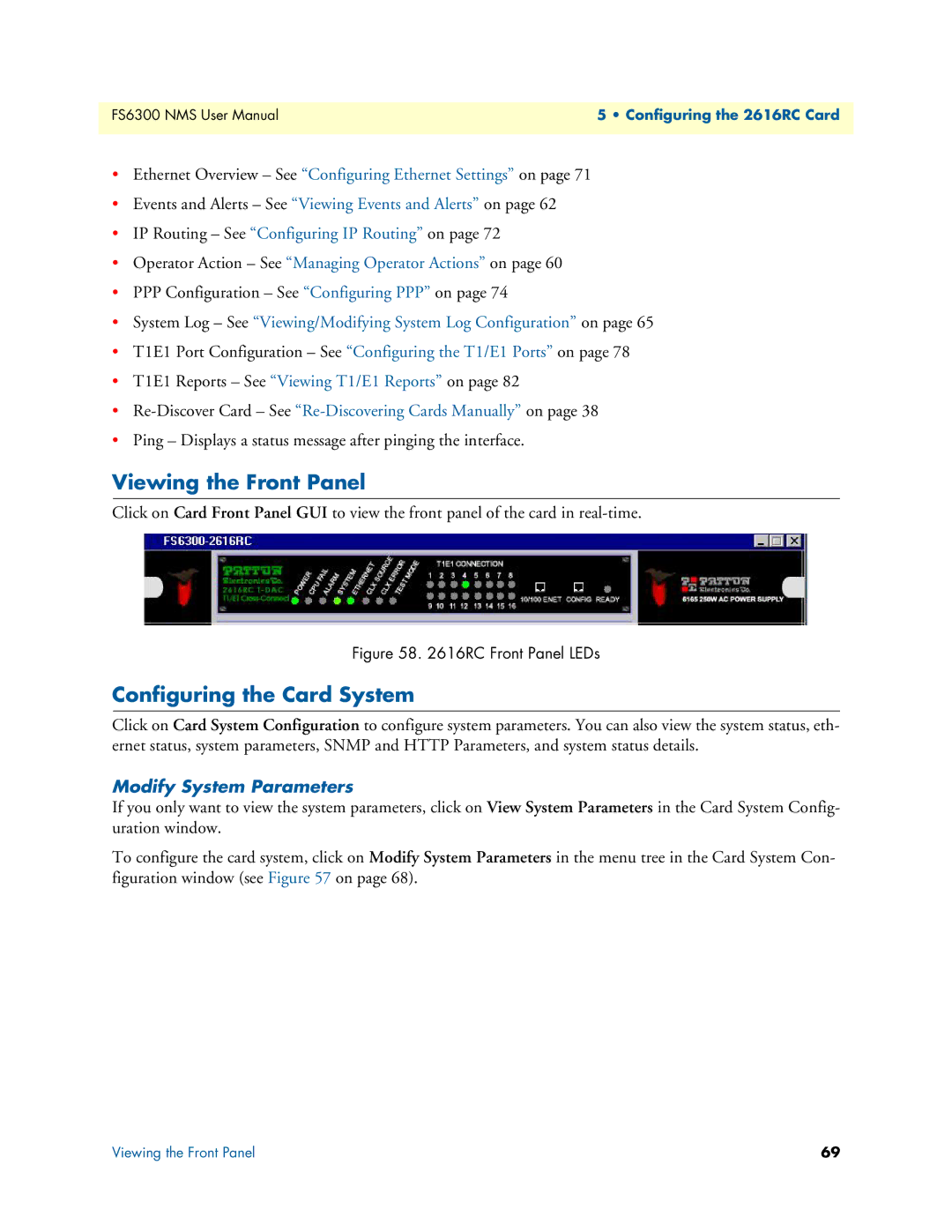 Patton electronic 6300 user manual Viewing the Front Panel, Configuring the Card System, Modify System Parameters 