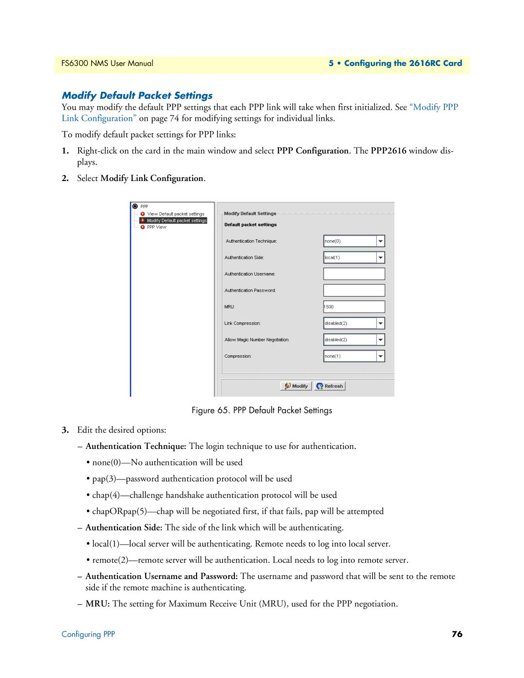 Patton electronic 6300 user manual Modify Default Packet Settings, PPP Default Packet Settings 