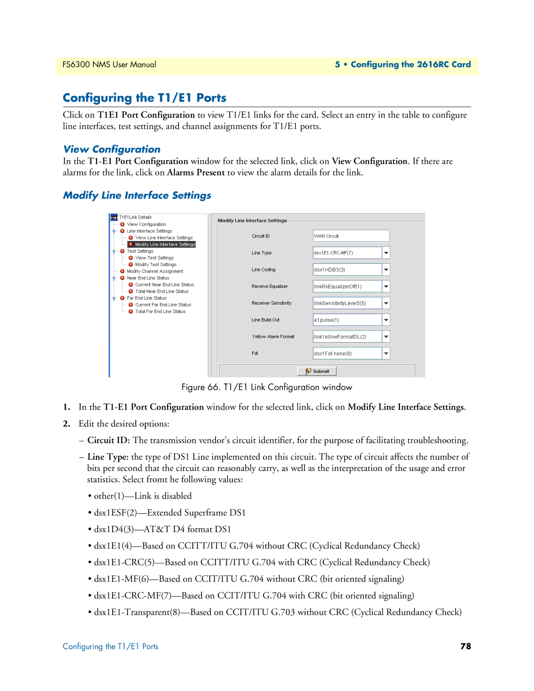 Patton electronic 6300 user manual Configuring the T1/E1 Ports, View Configuration, Modify Line Interface Settings 