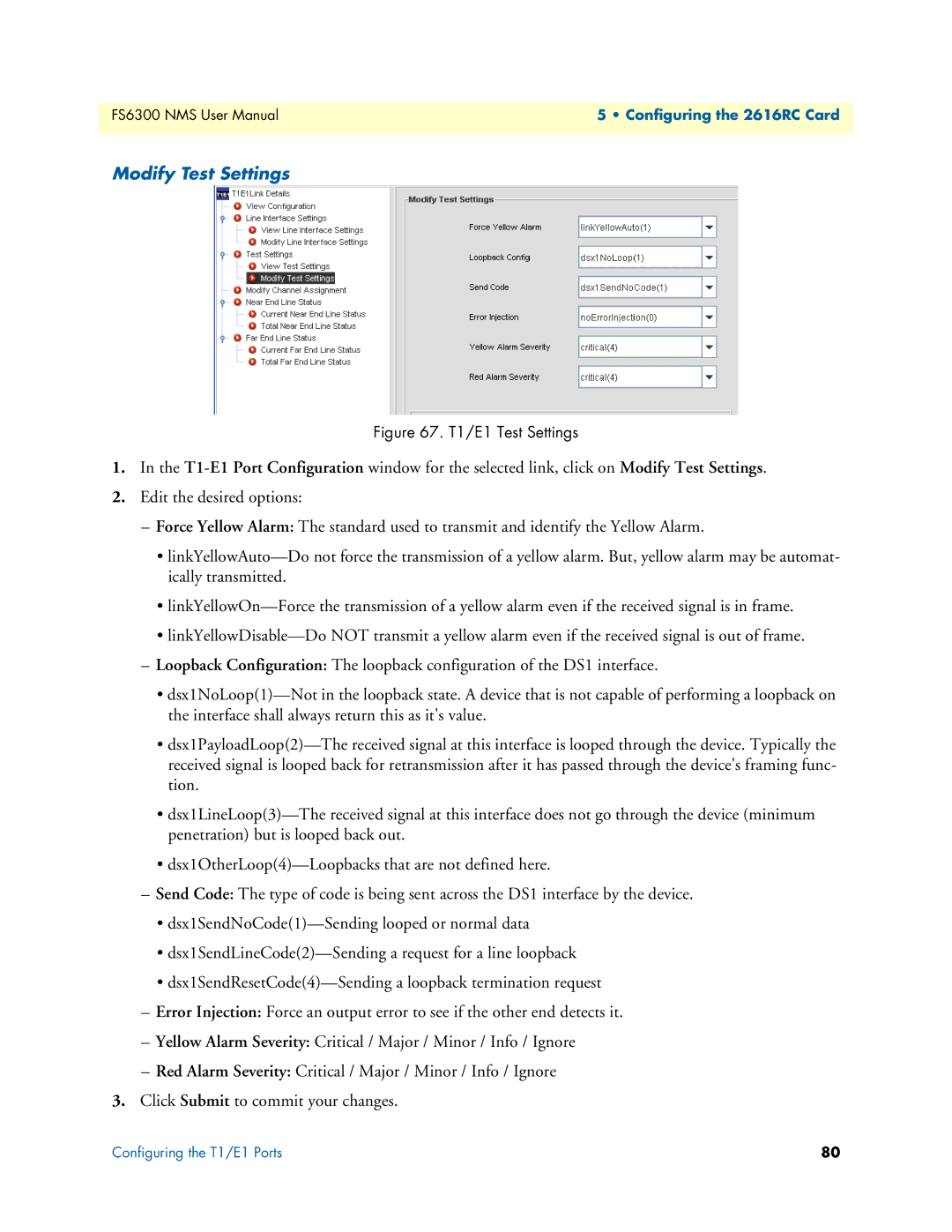 Patton electronic 6300 user manual Modify Test Settings, T1/E1 Test Settings 