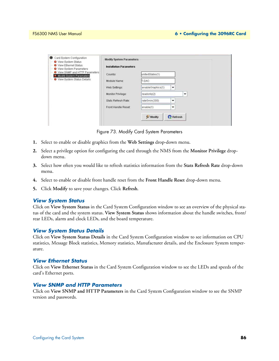 Patton electronic 6300 user manual Modify Card System Parameters 