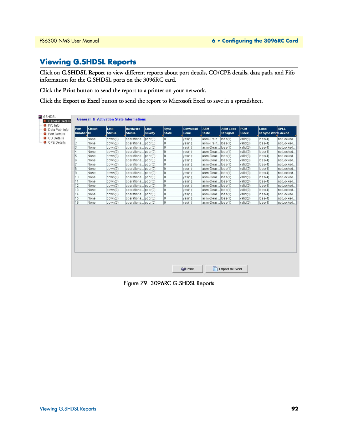 Patton electronic 6300 user manual Viewing G.SHDSL Reports, 3096RC G.SHDSL Reports 