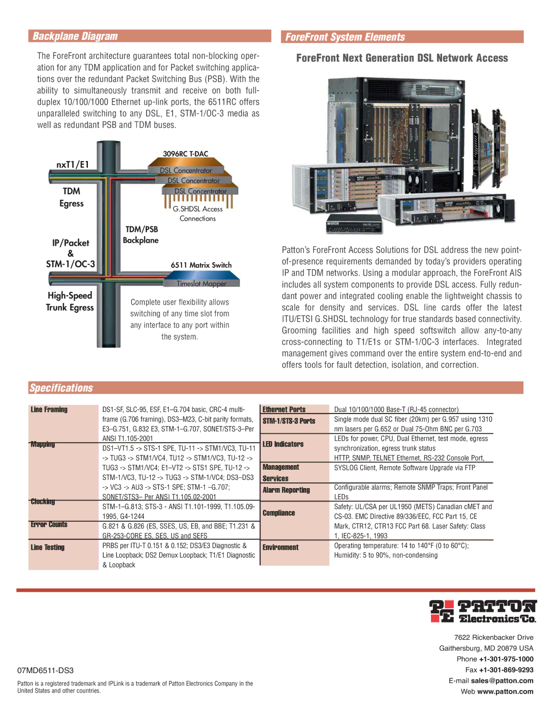 Patton electronic 6511 manual Backplane Diagram, ForeFront System Elements, Specifications 