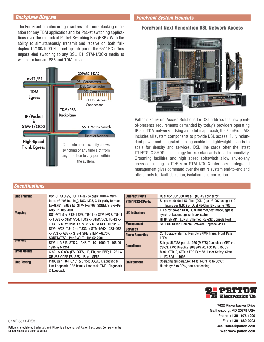Patton electronic 6511 manual Backplane Diagram, ForeFront System Elements, ForeFront Next Generation DSL Network Access 