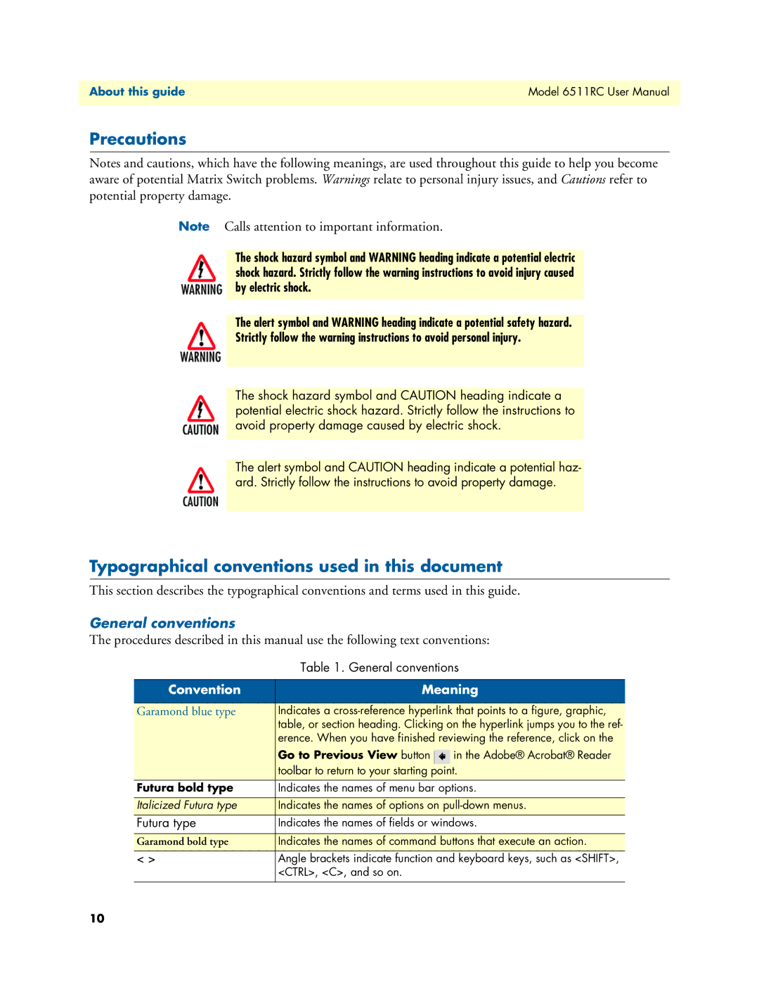 Patton electronic 6511RC user manual Precautions, Typographical conventions used in this document, General conventions 