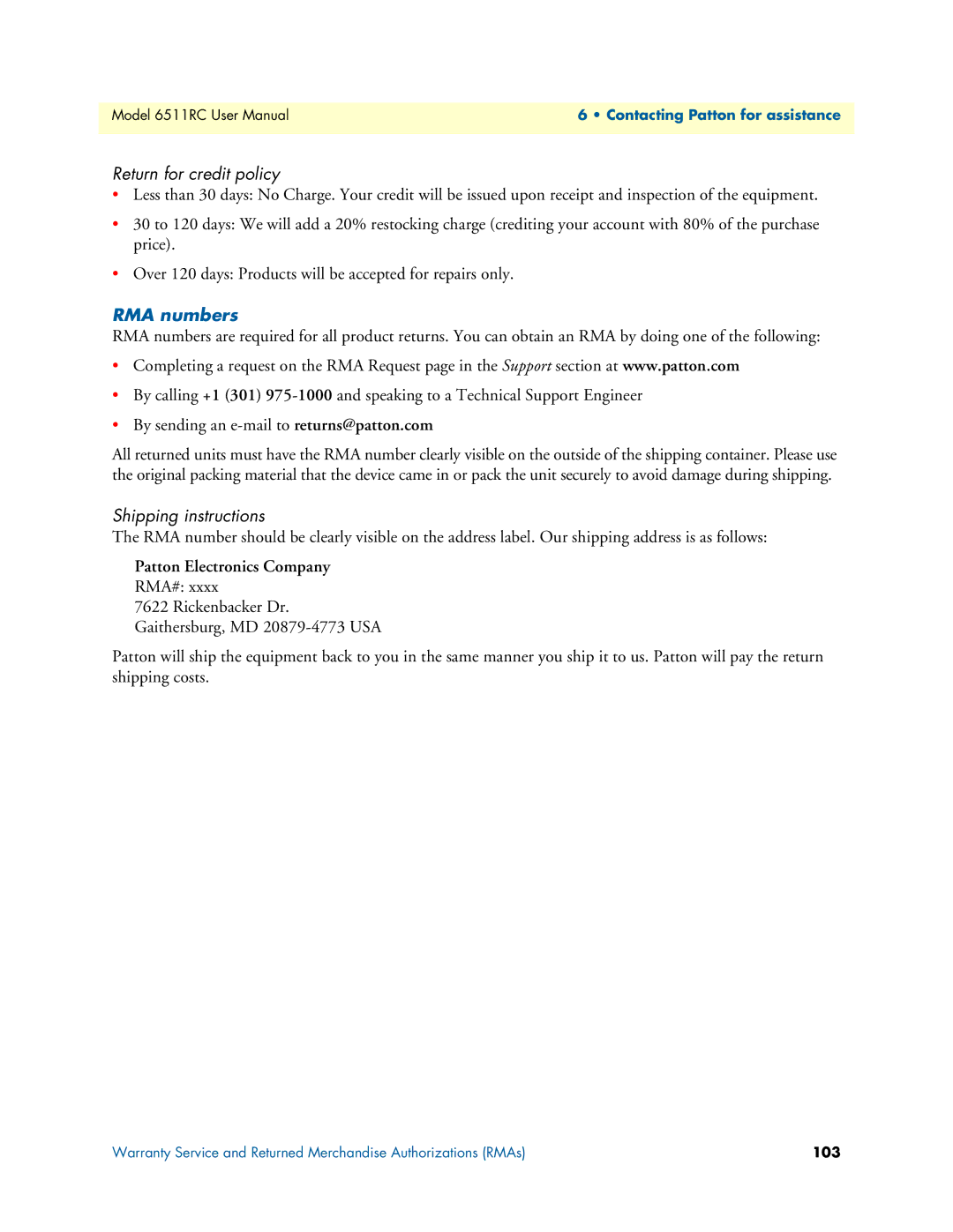 Patton electronic 6511RC user manual Return for credit policy, RMA numbers, Shipping instructions 