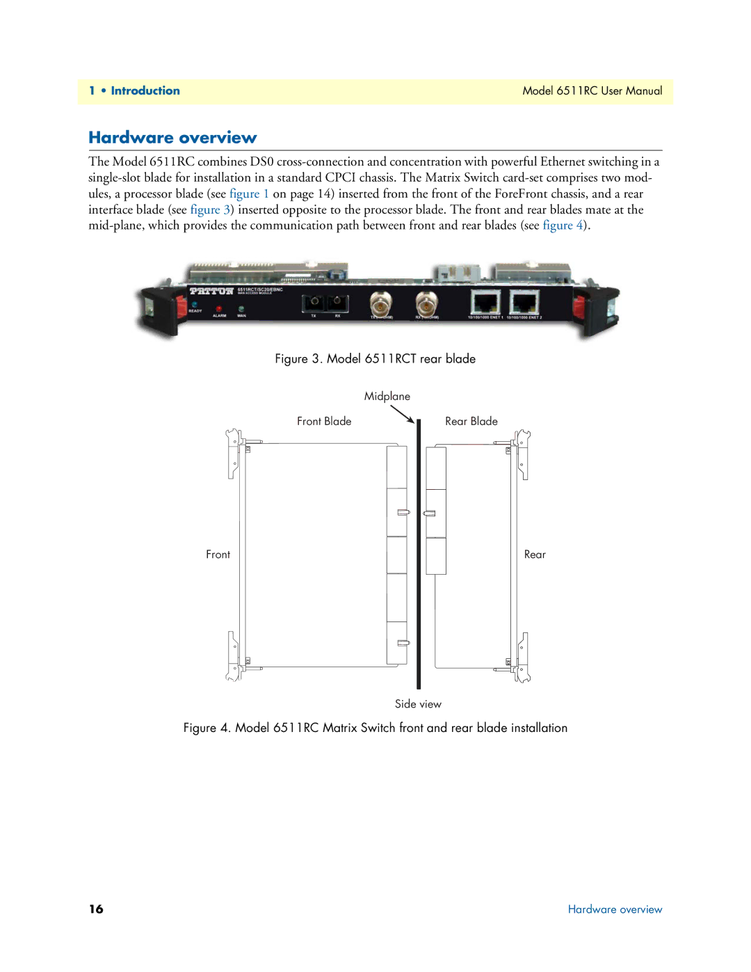 Patton electronic user manual Hardware overview, Model 6511RCT rear blade 