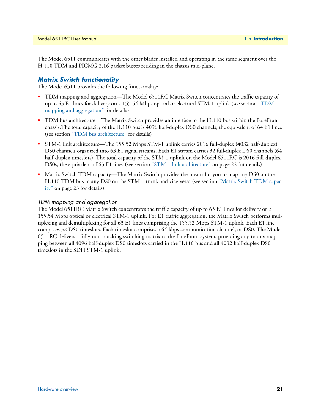 Patton electronic 6511RC user manual Matrix Switch functionality, TDM mapping and aggregation 