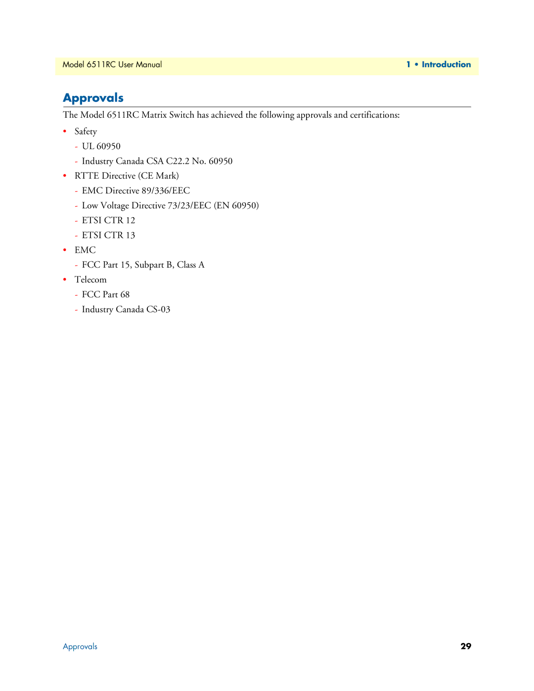 Patton electronic 6511RC user manual Approvals, Etsi CTR EMC 