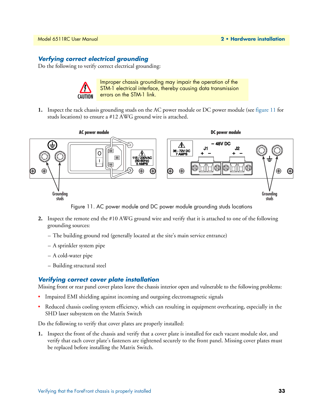 Patton electronic 6511RC user manual Verfying correct electrical grounding, Verifying correct cover plate installation 