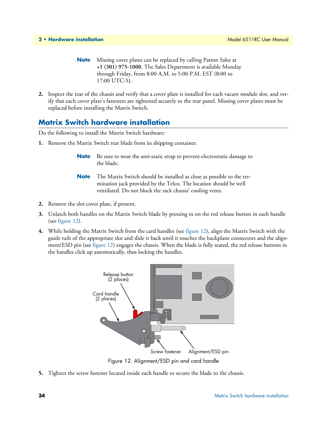 Patton electronic 6511RC user manual Matrix Switch hardware installation, Alignment/ESD pin and card handle 