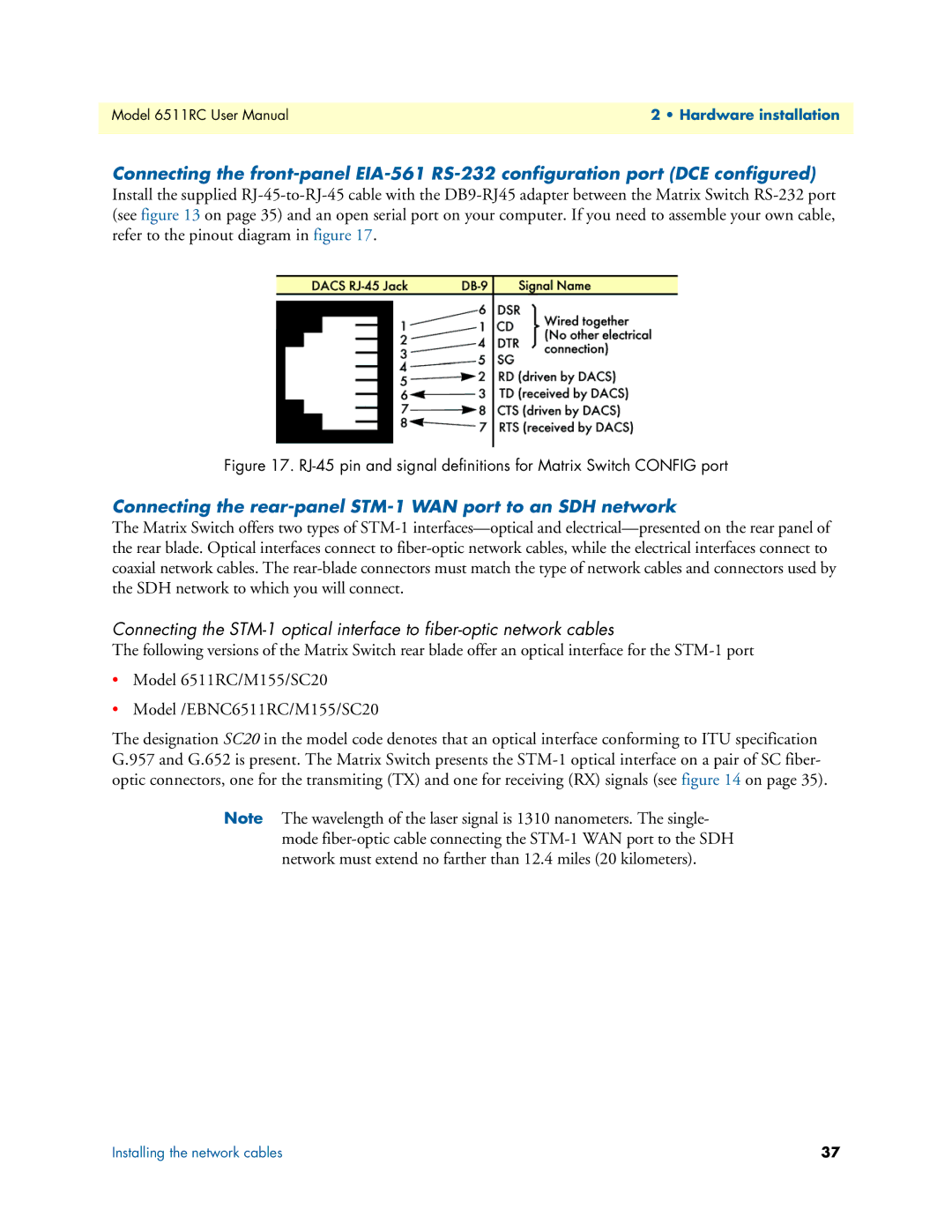 Patton electronic 6511RC user manual Connecting the rear-panel STM-1 WAN port to an SDH network 