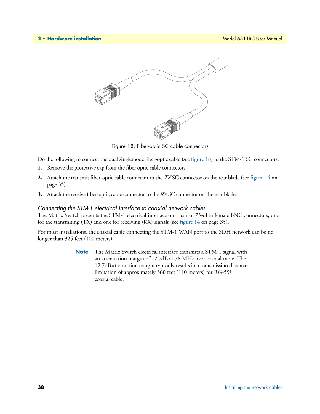 Patton electronic 6511RC user manual Fiber-optic SC cable connectors 