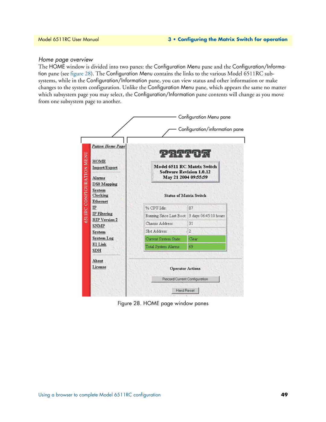 Patton electronic 6511RC user manual Home page overview, Home page window panes 