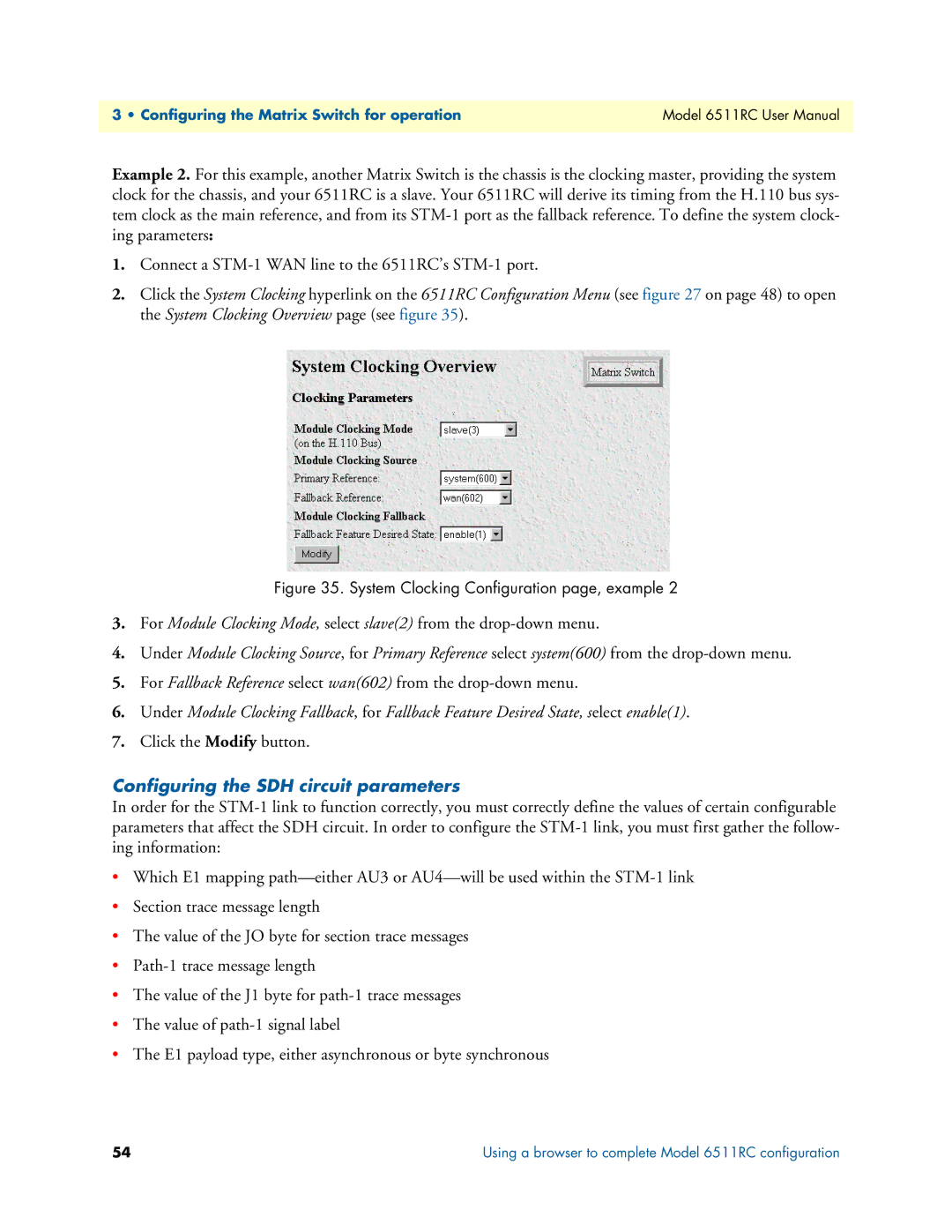 Patton electronic 6511RC user manual Configuring the SDH circuit parameters, System Clocking Configuration page, example 