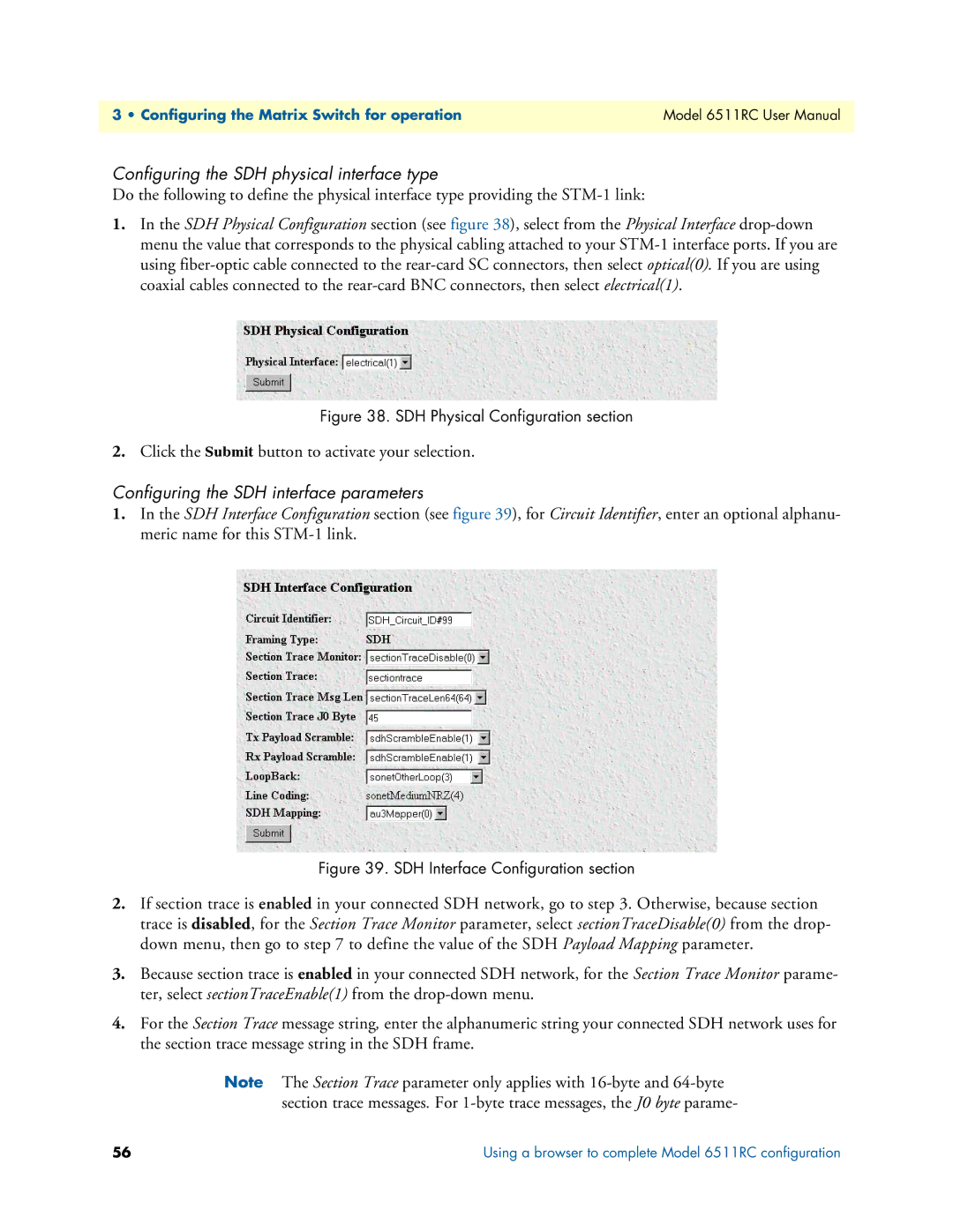 Patton electronic 6511RC user manual Configuring the SDH physical interface type, Configuring the SDH interface parameters 