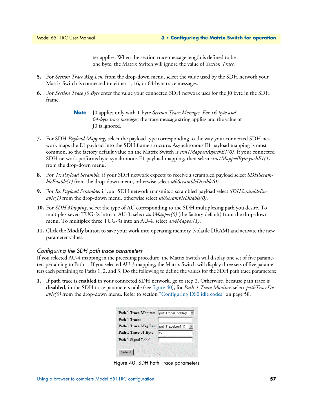 Patton electronic 6511RC user manual Configuring the SDH path trace parameters, SDH Path Trace parameters 