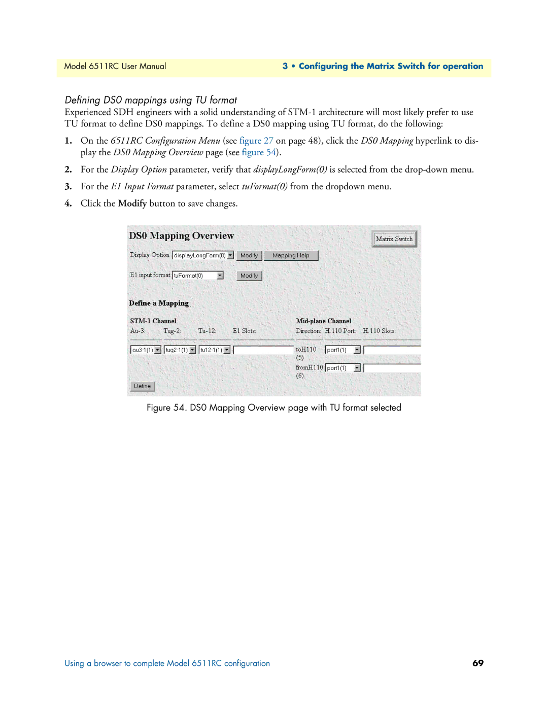 Patton electronic 6511RC Defining DS0 mappings using TU format, DS0 Mapping Overview page with TU format selected 