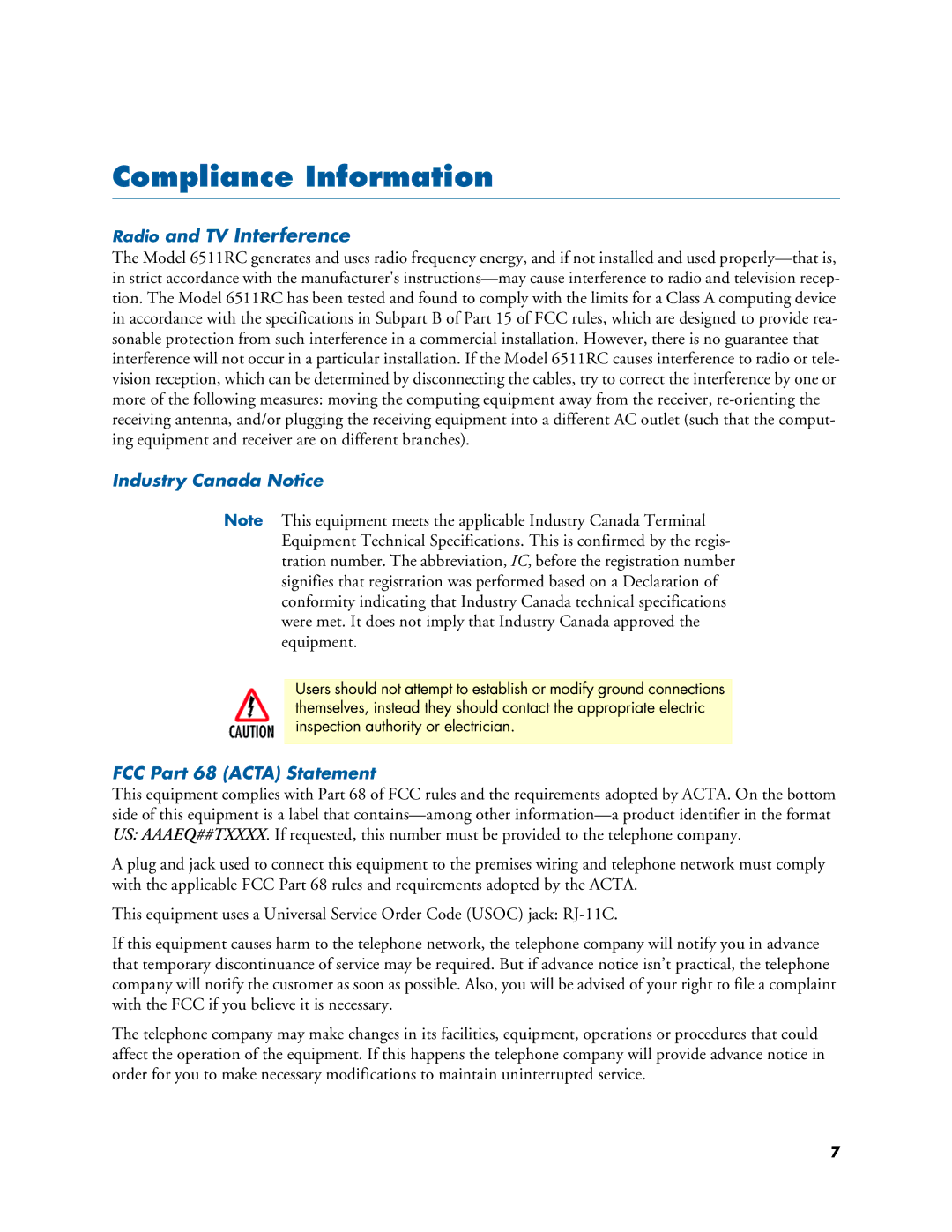 Patton electronic 6511RC user manual Industry Canada Notice, FCC Part 68 Acta Statement 