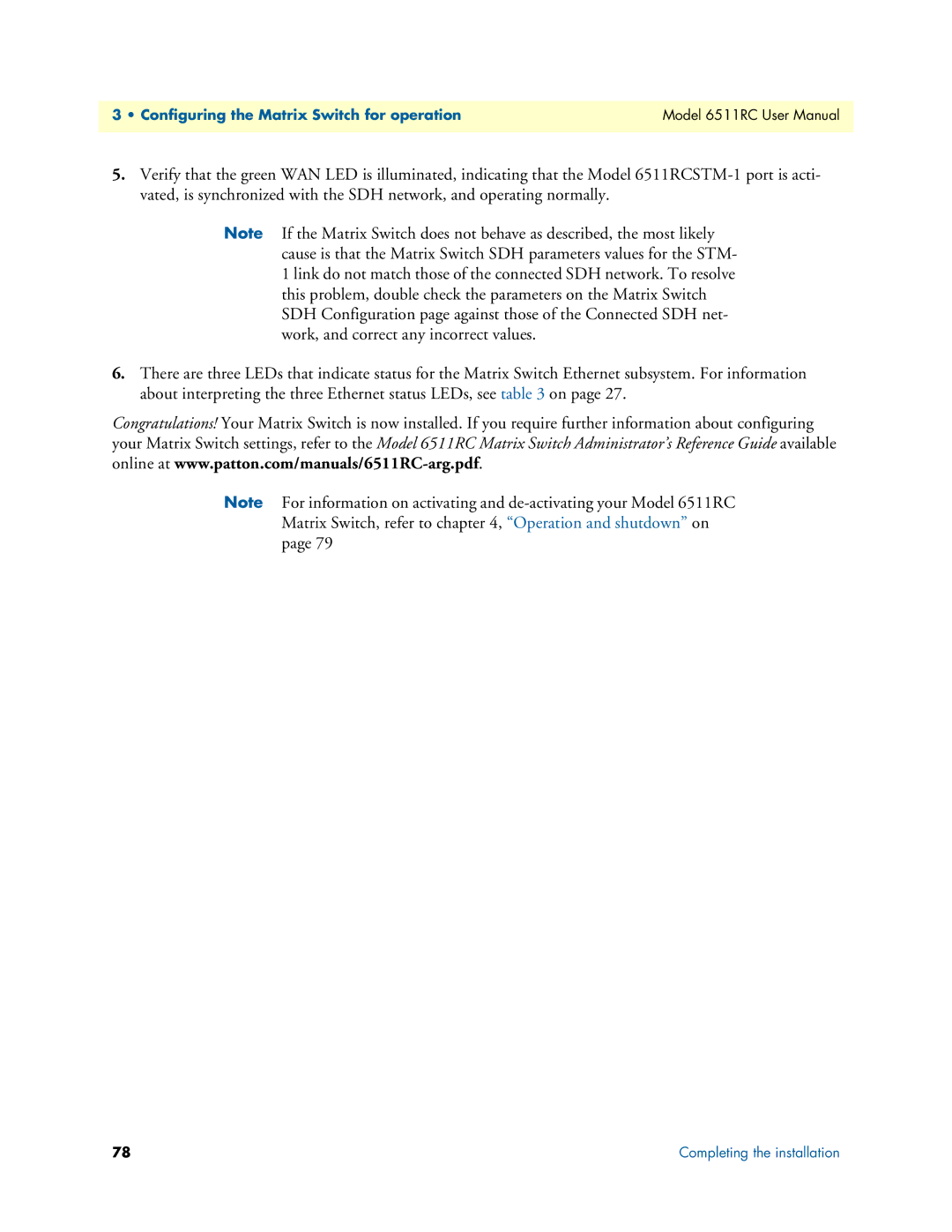 Patton electronic 6511RC user manual Completing the installation 