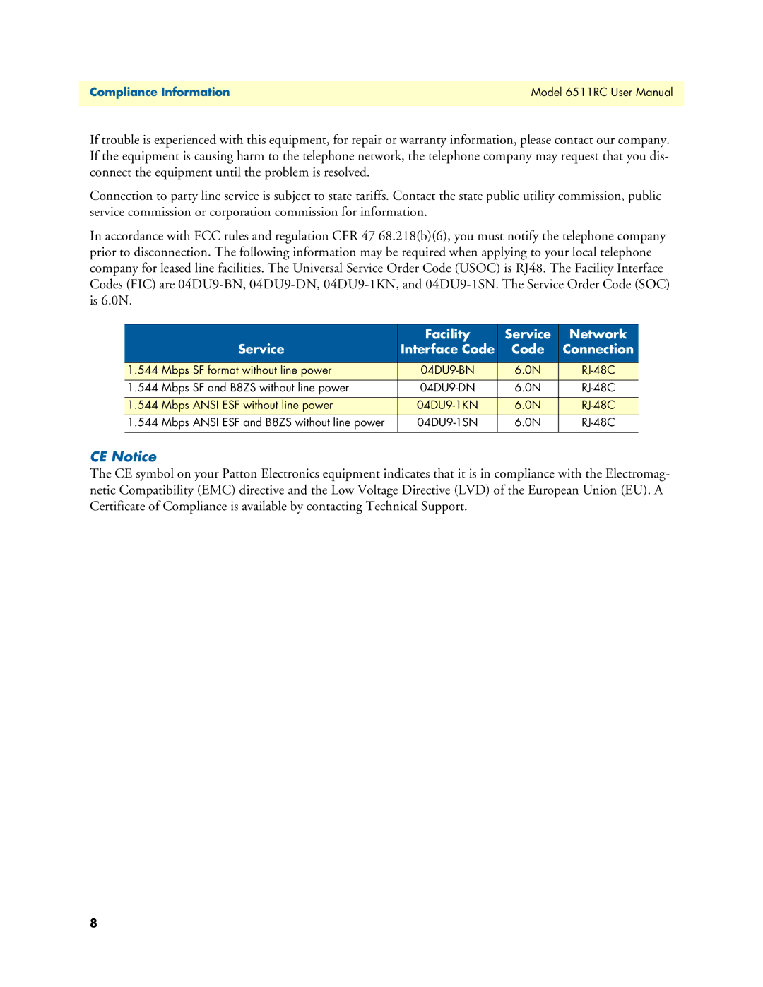 Patton electronic 6511RC user manual CE Notice, Facility Service Network Interface Code Connection 