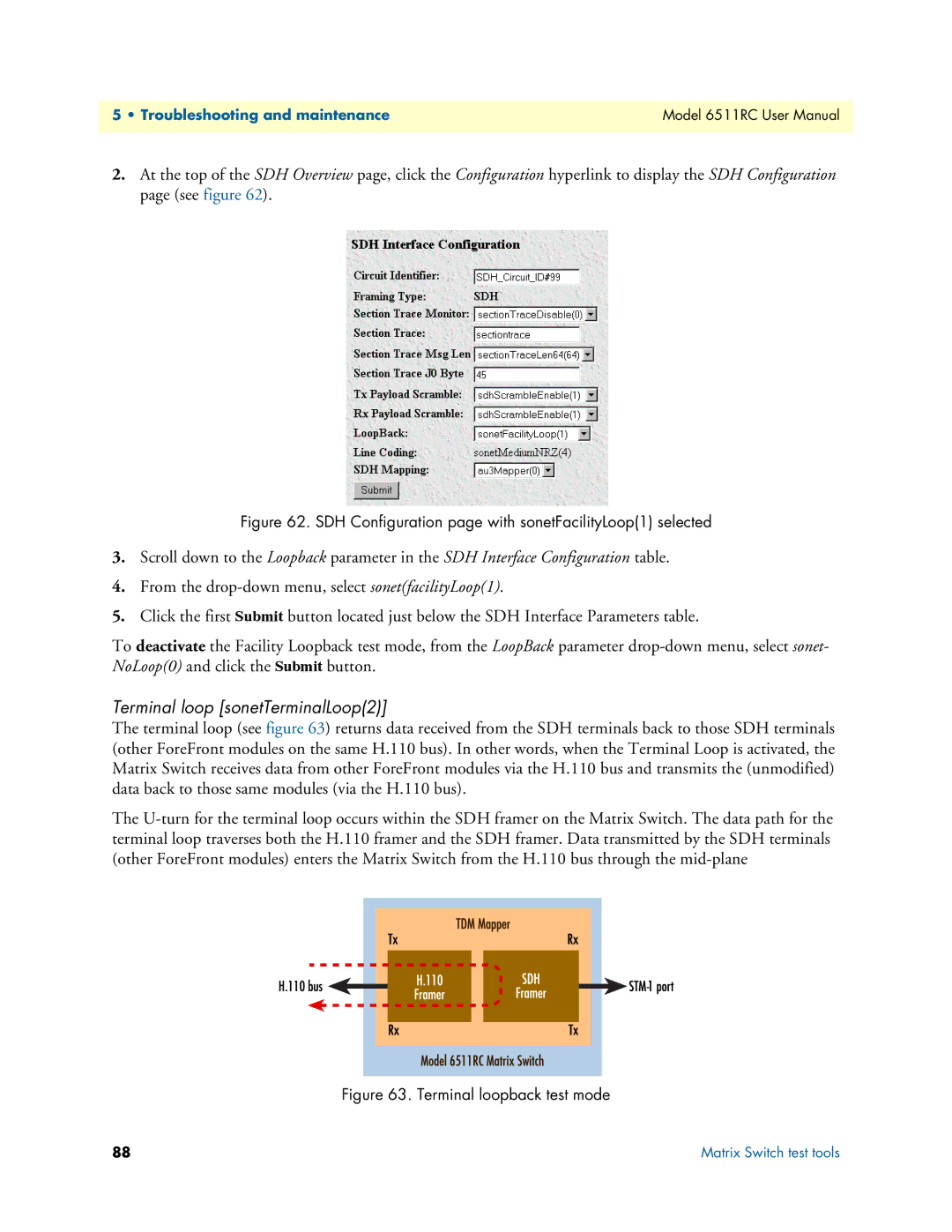 Patton electronic 6511RC Terminal loop sonetTerminalLoop2, SDH Configuration page with sonetFacilityLoop1 selected 