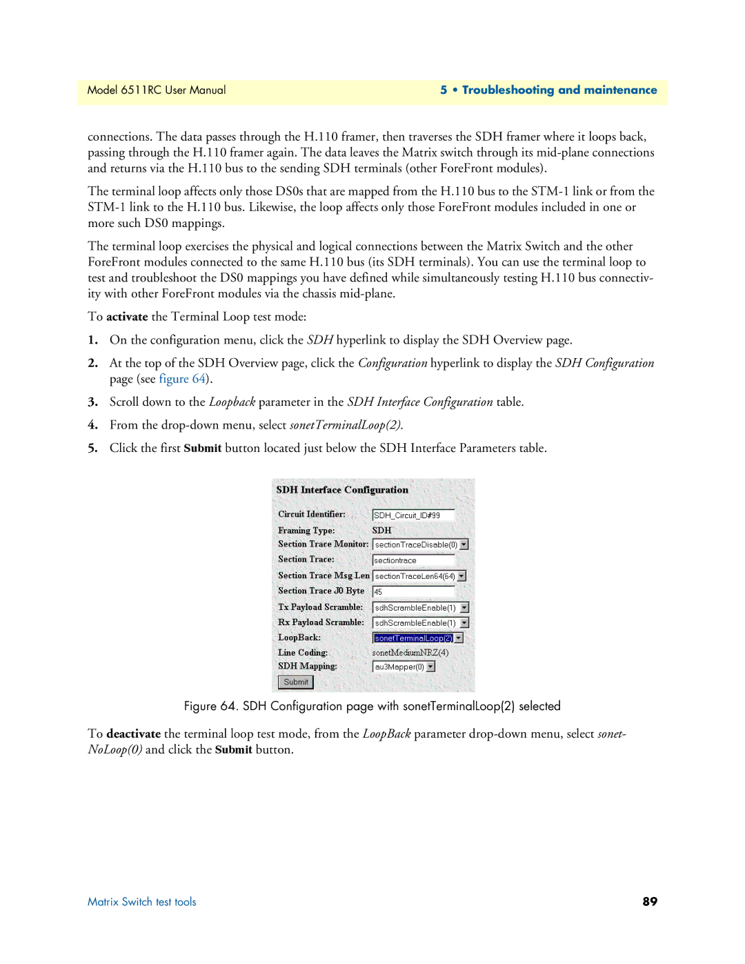 Patton electronic 6511RC user manual SDH Configuration page with sonetTerminalLoop2 selected 