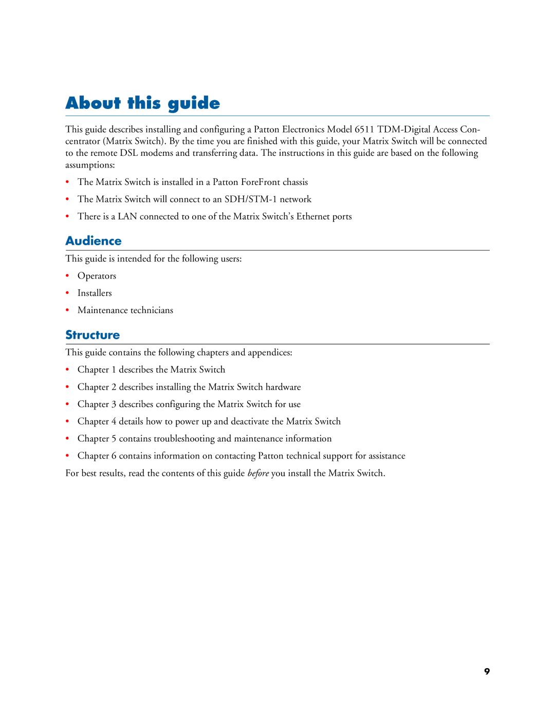 Patton electronic 6511RC user manual Audience, Structure 