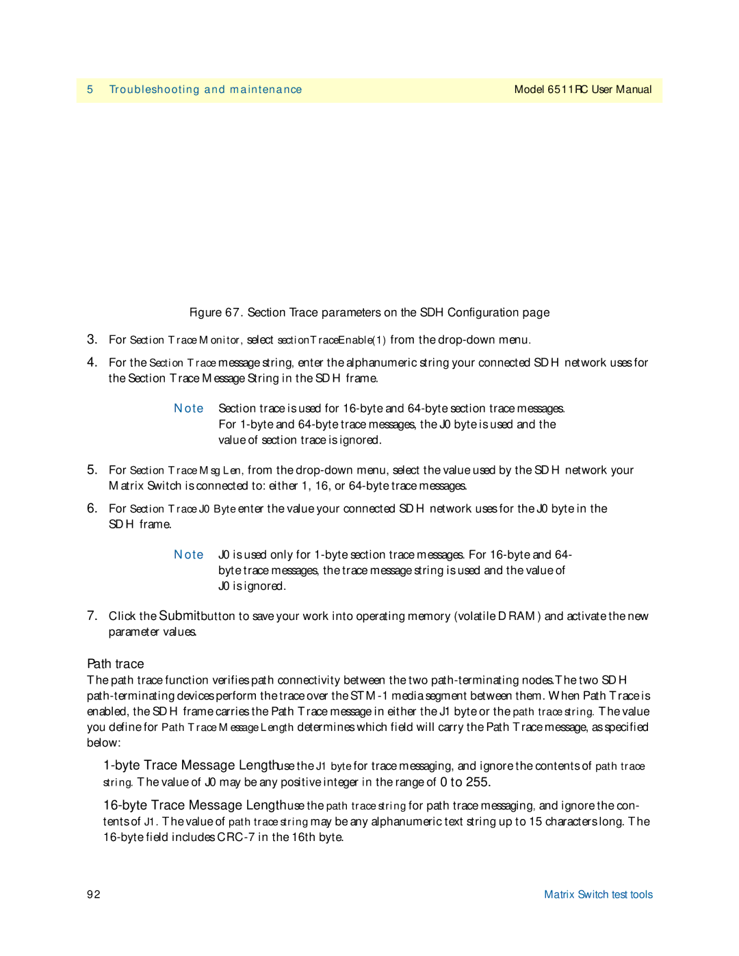 Patton electronic 6511RC user manual Path trace, Section Trace parameters on the SDH Configuration 