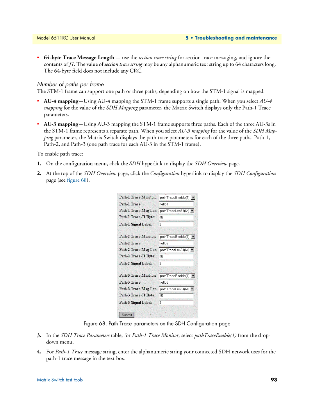 Patton electronic 6511RC user manual Number of paths per frame, Path Trace parameters on the SDH Configuration 