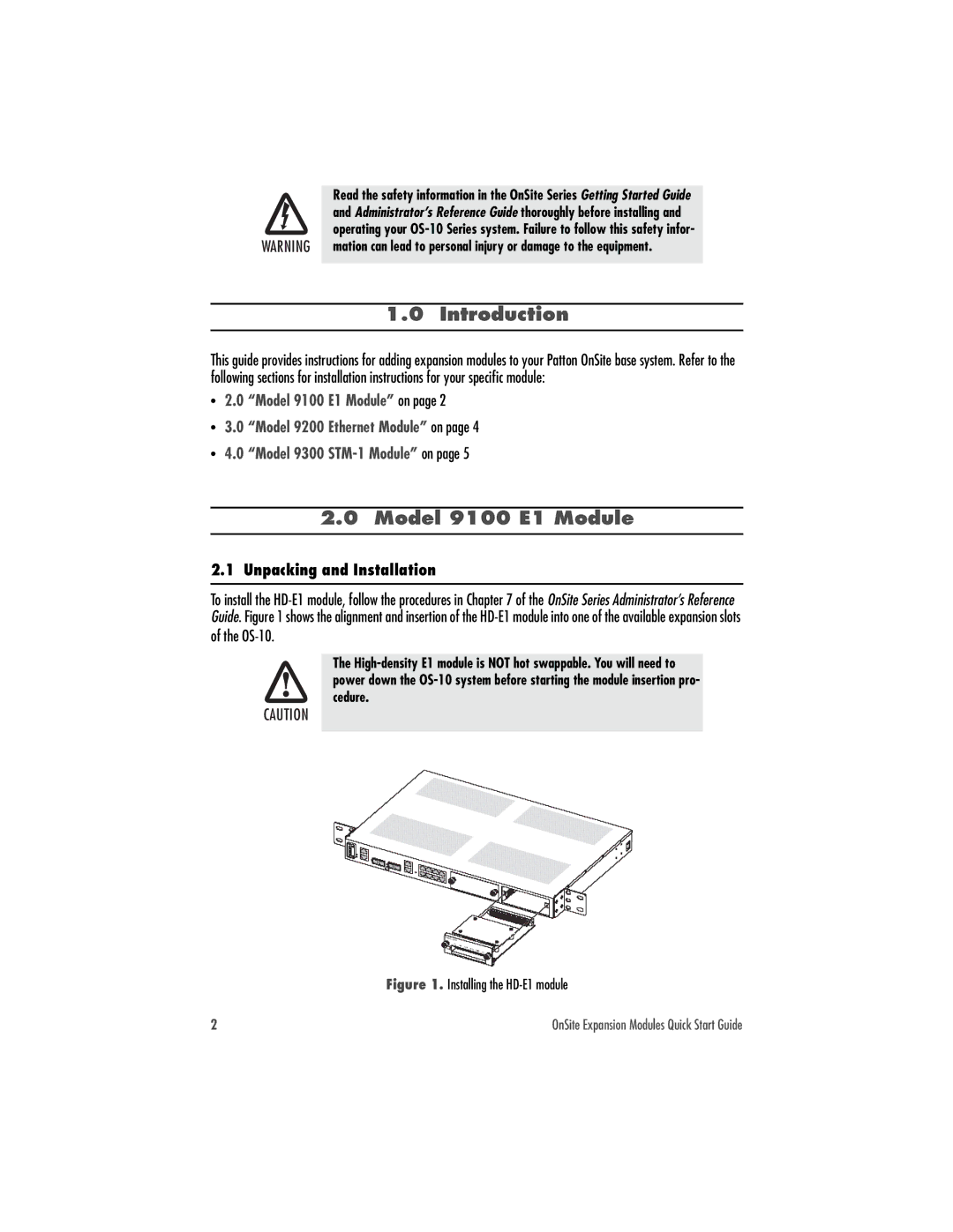 Patton electronic 9300, 9200 quick start Introduction, Model 9100 E1 Module, Unpacking and Installation 