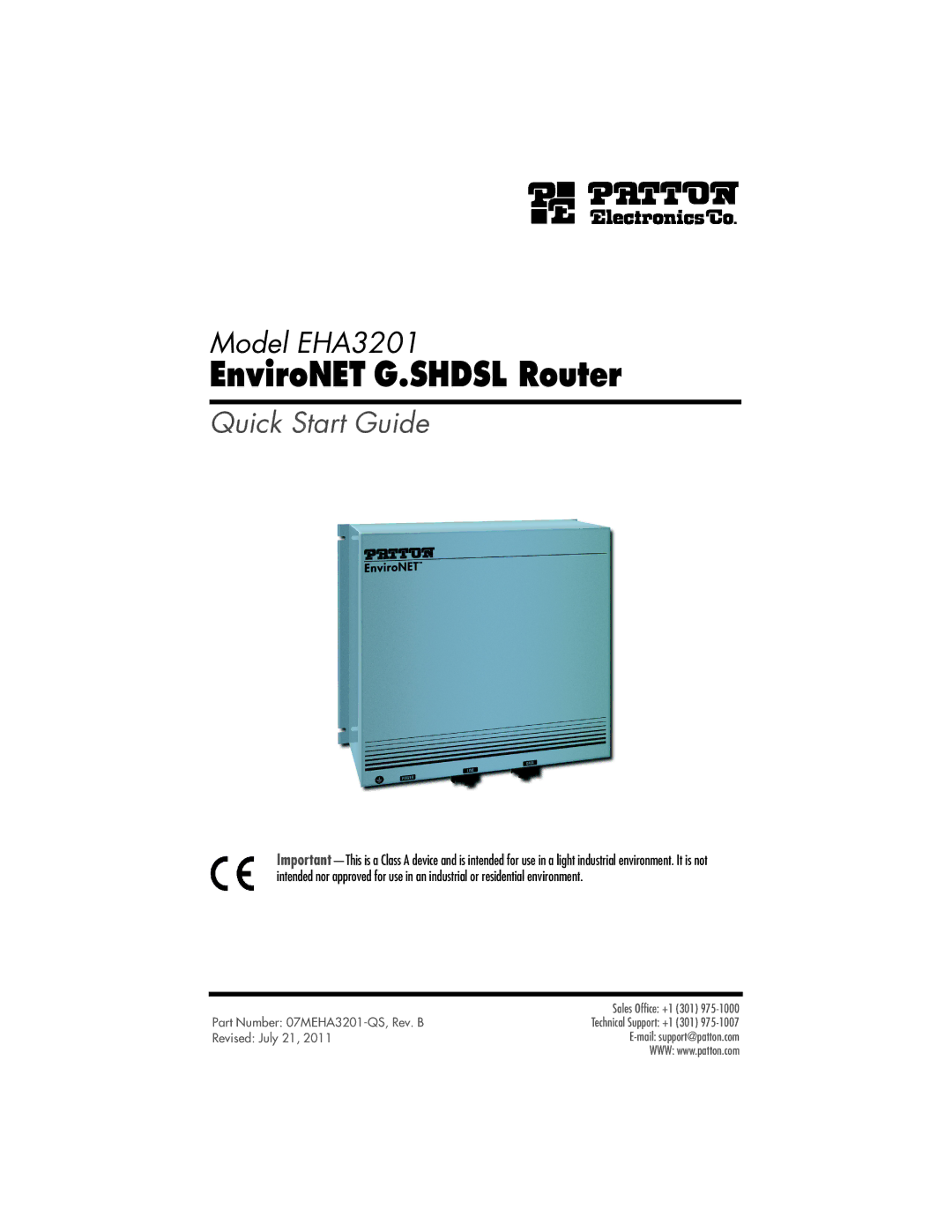 Patton electronic EHA3201 quick start EnviroNET G.SHDSL Router 