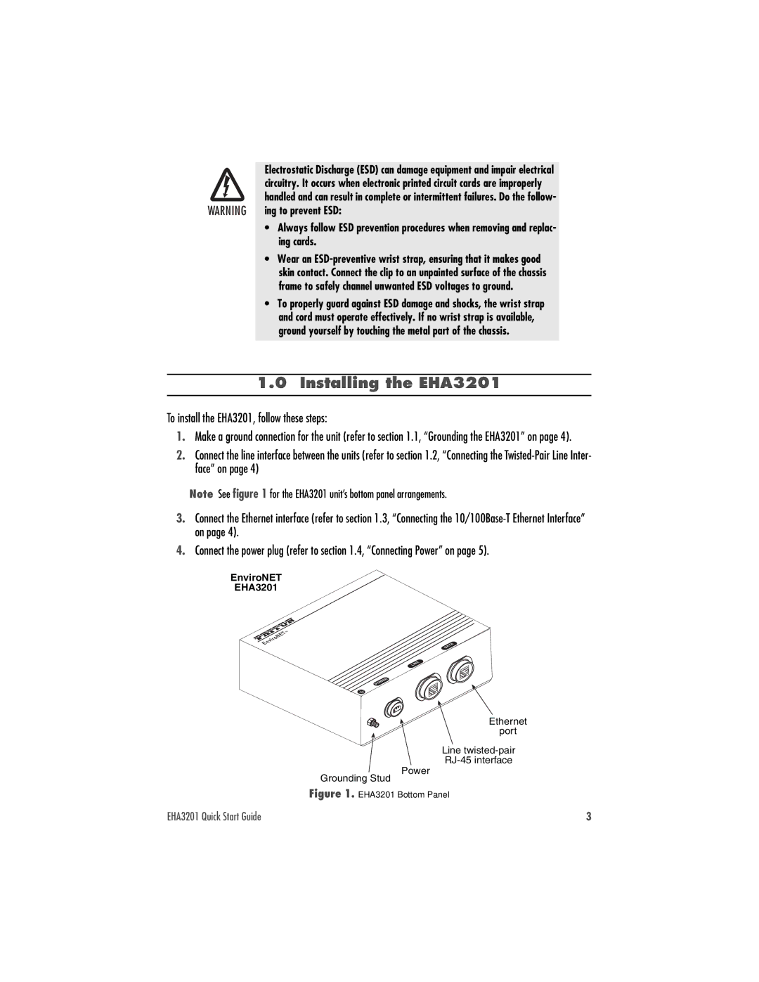 Patton electronic quick start Installing the EHA3201, EHA3201 Bottom Panel 