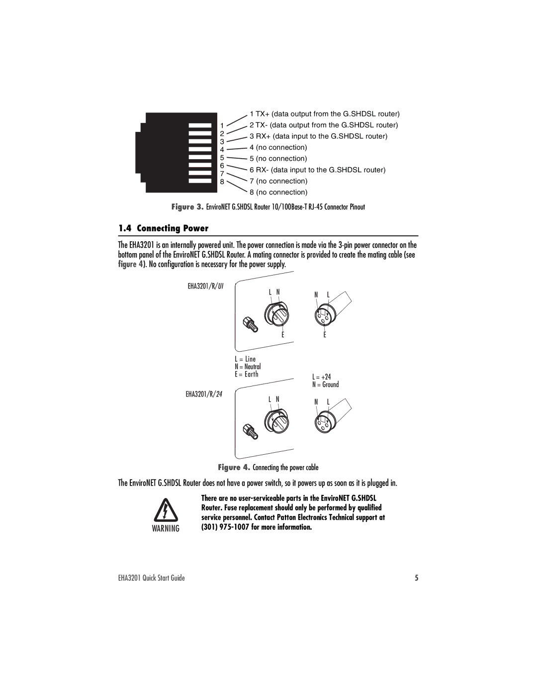 Patton electronic EHA3201 quick start Connecting Power, EnviroNET G.SHDSL Router 10/100Base-T RJ-45 Connector Pinout 