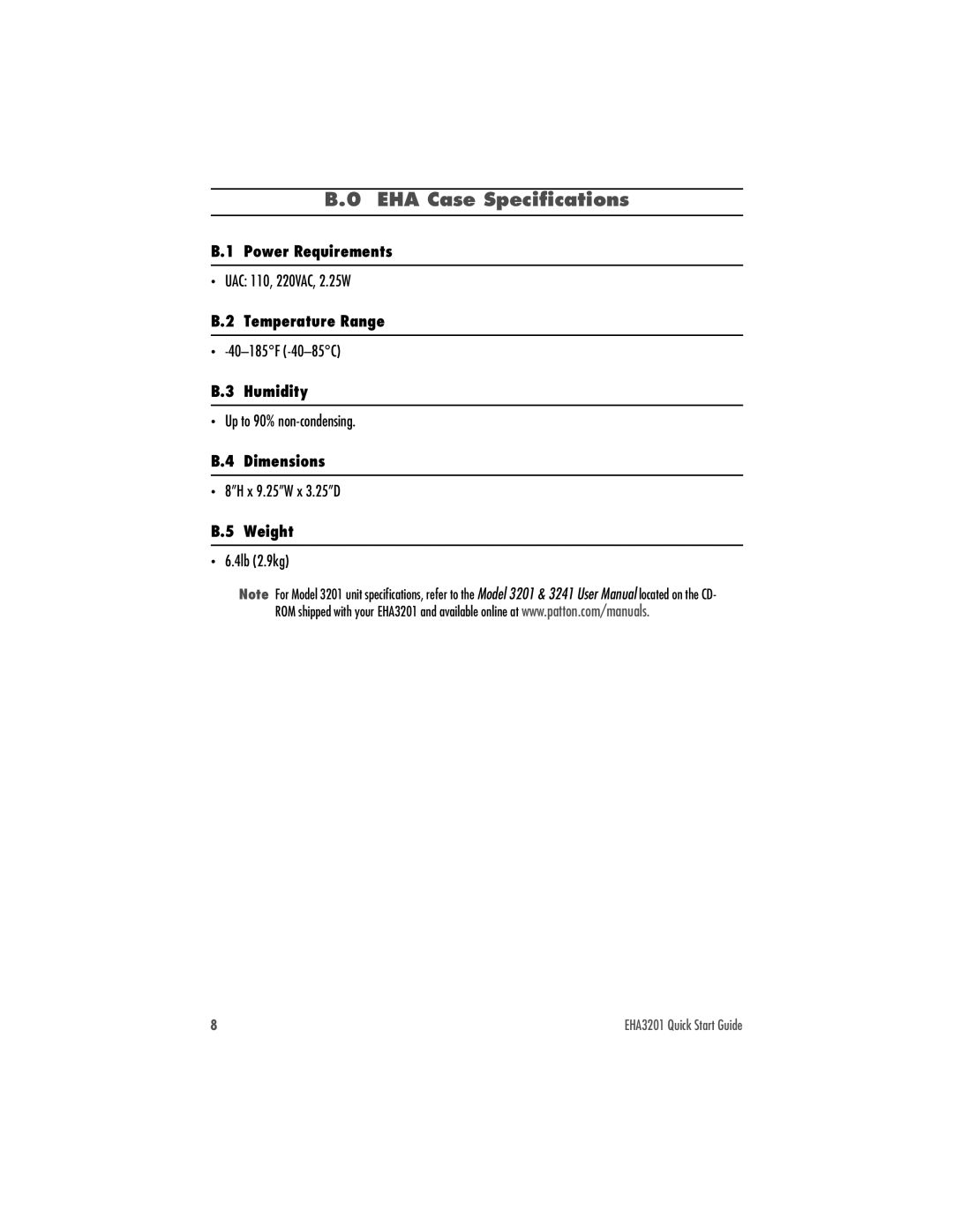 Patton electronic EHA3201 quick start EHA Case Specifications 