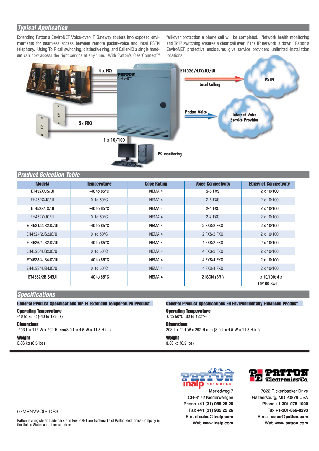 Patton electronic ET4500 series Typical Application, Product Selection Table, Specifications, x FXS, PSTN Local Calling 