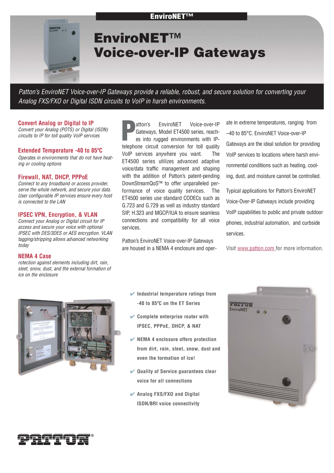 Patton electronic ET4500 series manual Convert Analog or Digital to IP, Extended Temperature -40 to 85ºC, Nema 4 Case 