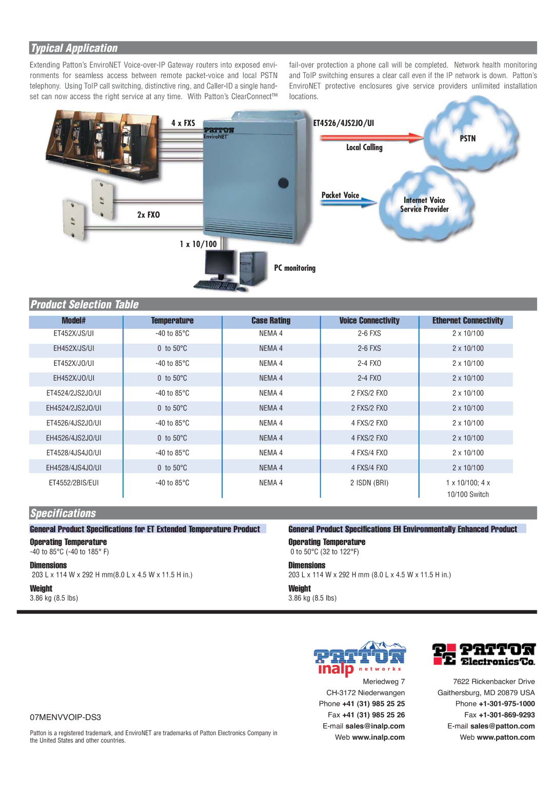 Patton electronic ET4500 series manual Typical Application, Product Selection Table, Specifications 