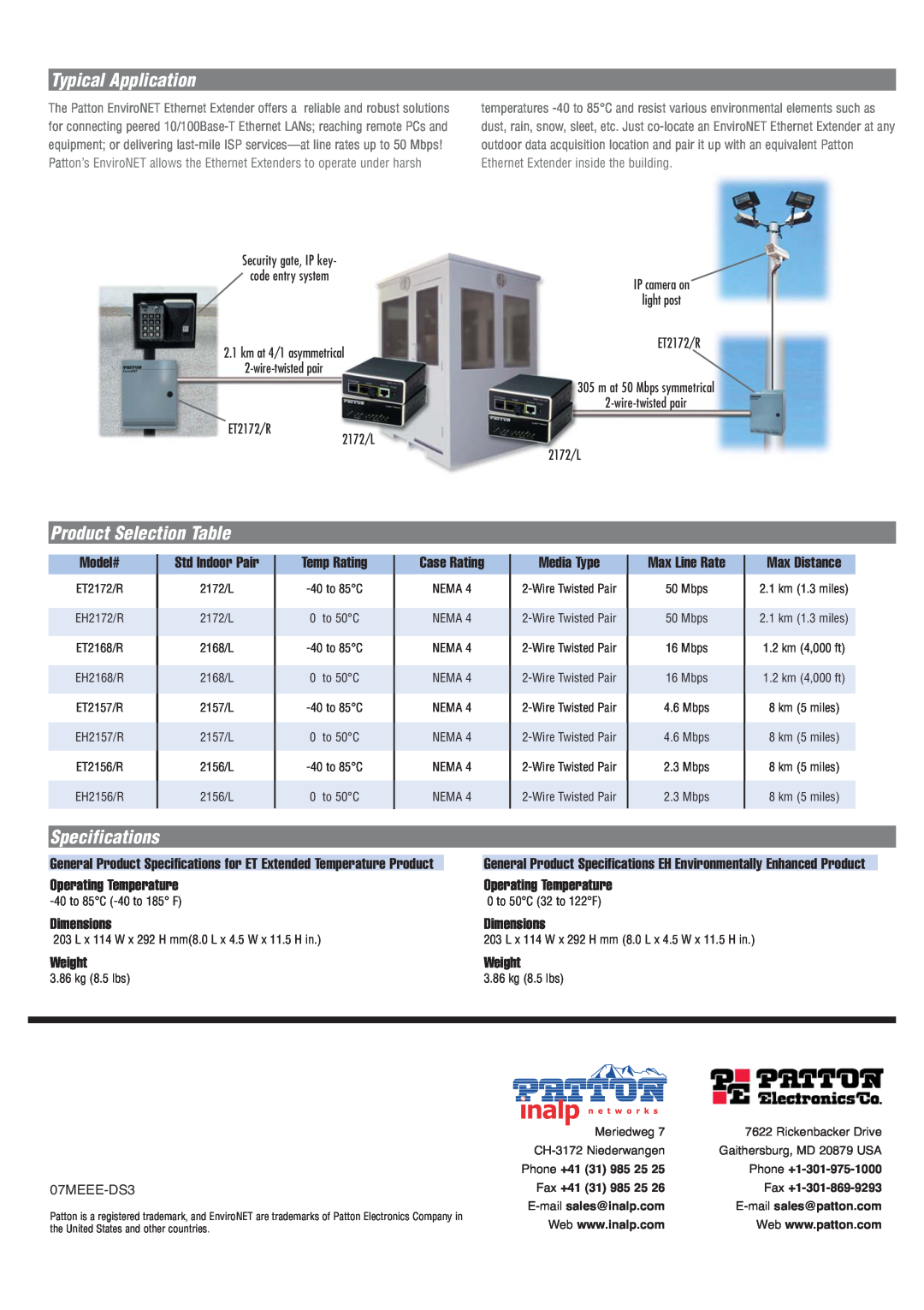 Patton electronic Ethernet Extenders manual Typical Application, Product Selection Table, Specifications, ET2172/R 2172/L 