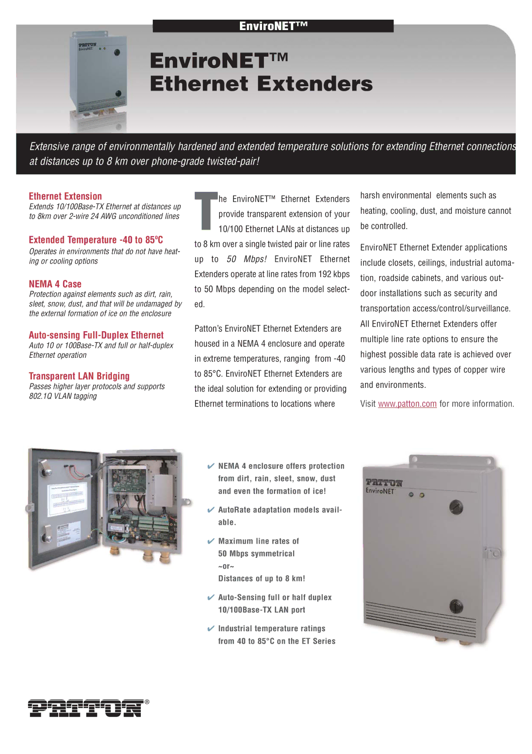 Patton electronic Ethernet Extenders manual Ethernet Extension, Extended Temperature -40 to 85ºC, Nema 4 Case 