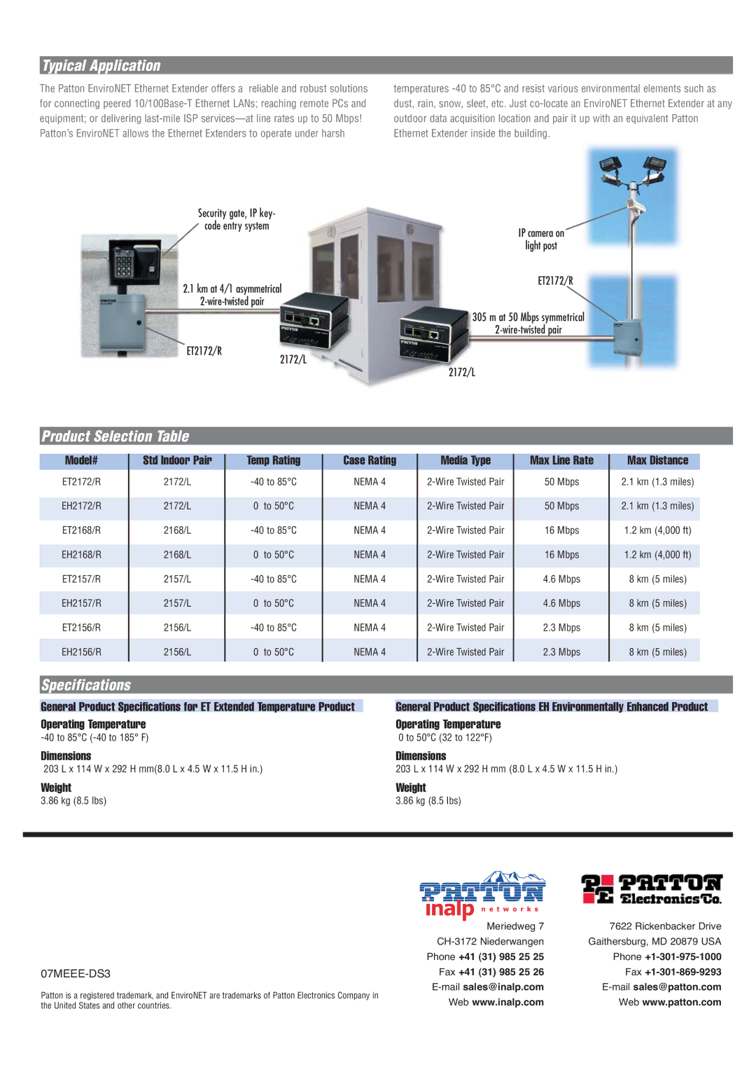 Patton electronic Ethernet Extenders manual Typical Application, Product Selection Table, Specifications 