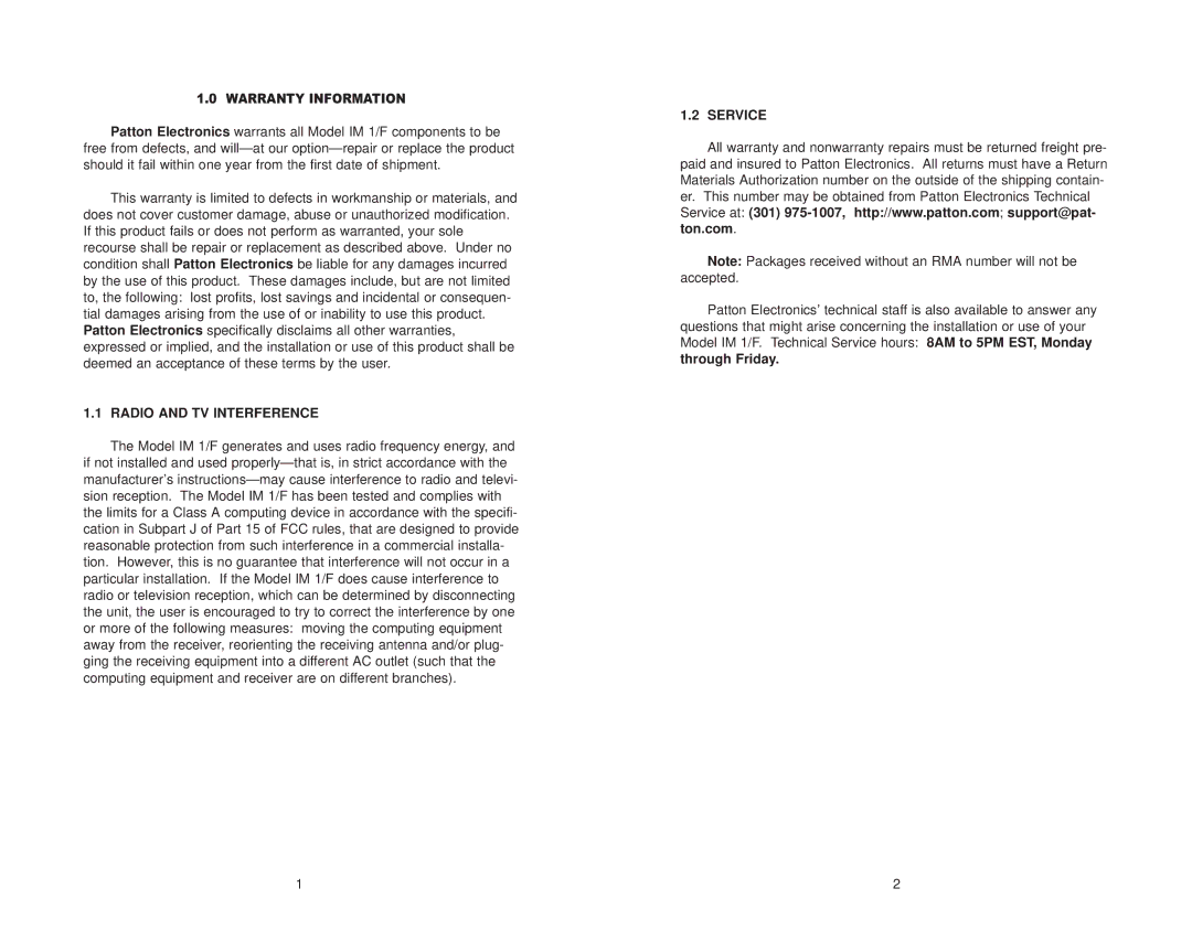 Patton electronic IM 1/F user manual Radio and TV Interference, Service 