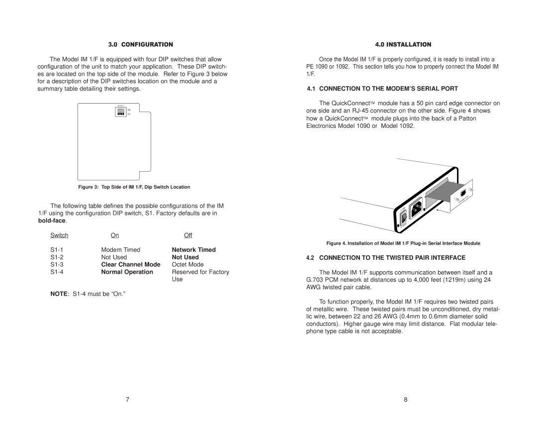 Patton electronic IM 1/F user manual Connection to the MODEM’S Serial Port, Connection to the Twisted Pair Interface 