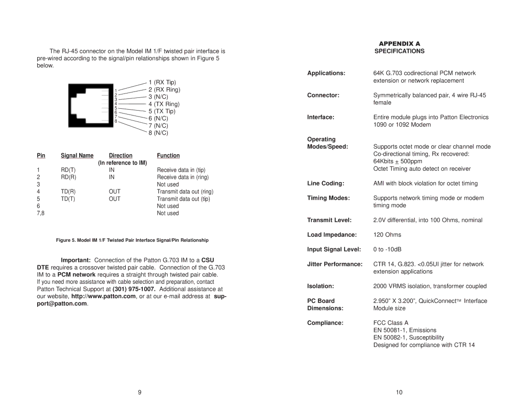 Patton electronic IM 1/F user manual Specifications 