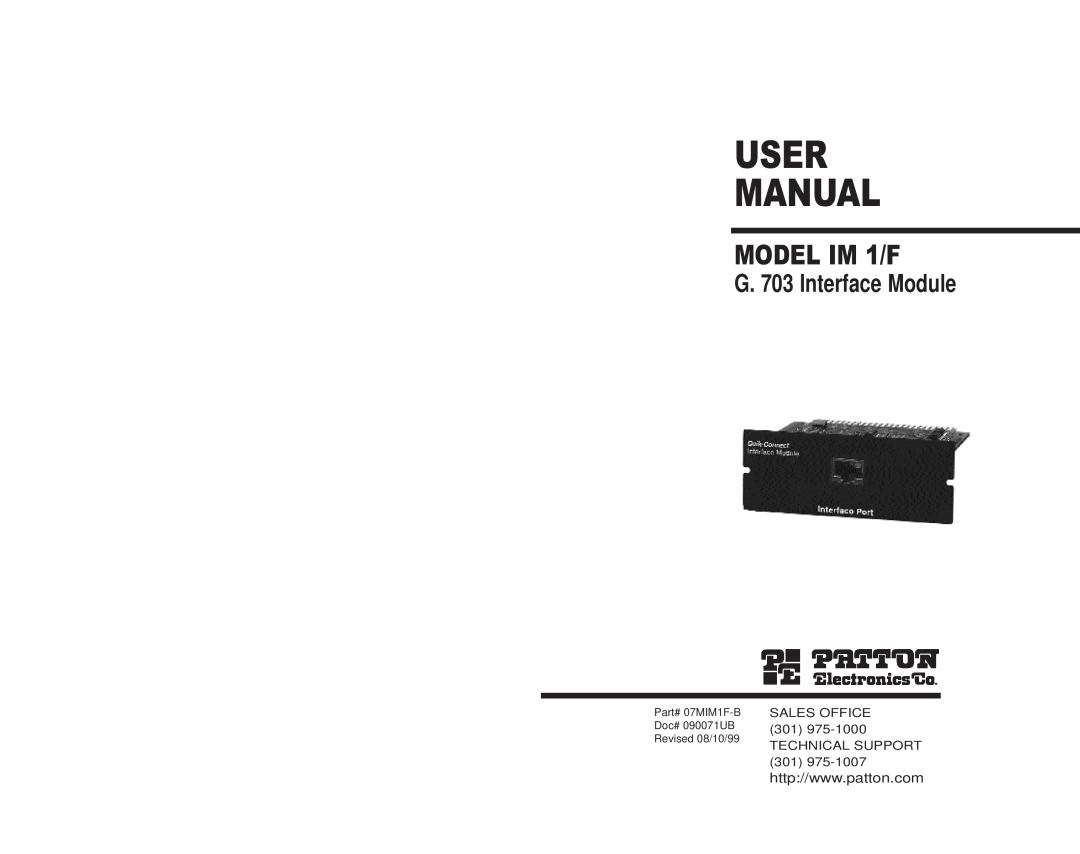 Patton electronic user manual User Manual, MODEL IM 1/F, G. 703 Interface Module 