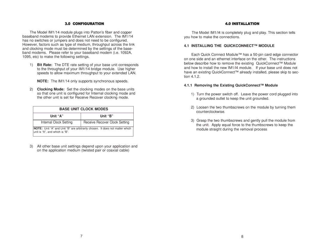 Patton electronic IM1/I4 user manual Base Unit Clock Modes, Installing the Quickconnect Module 