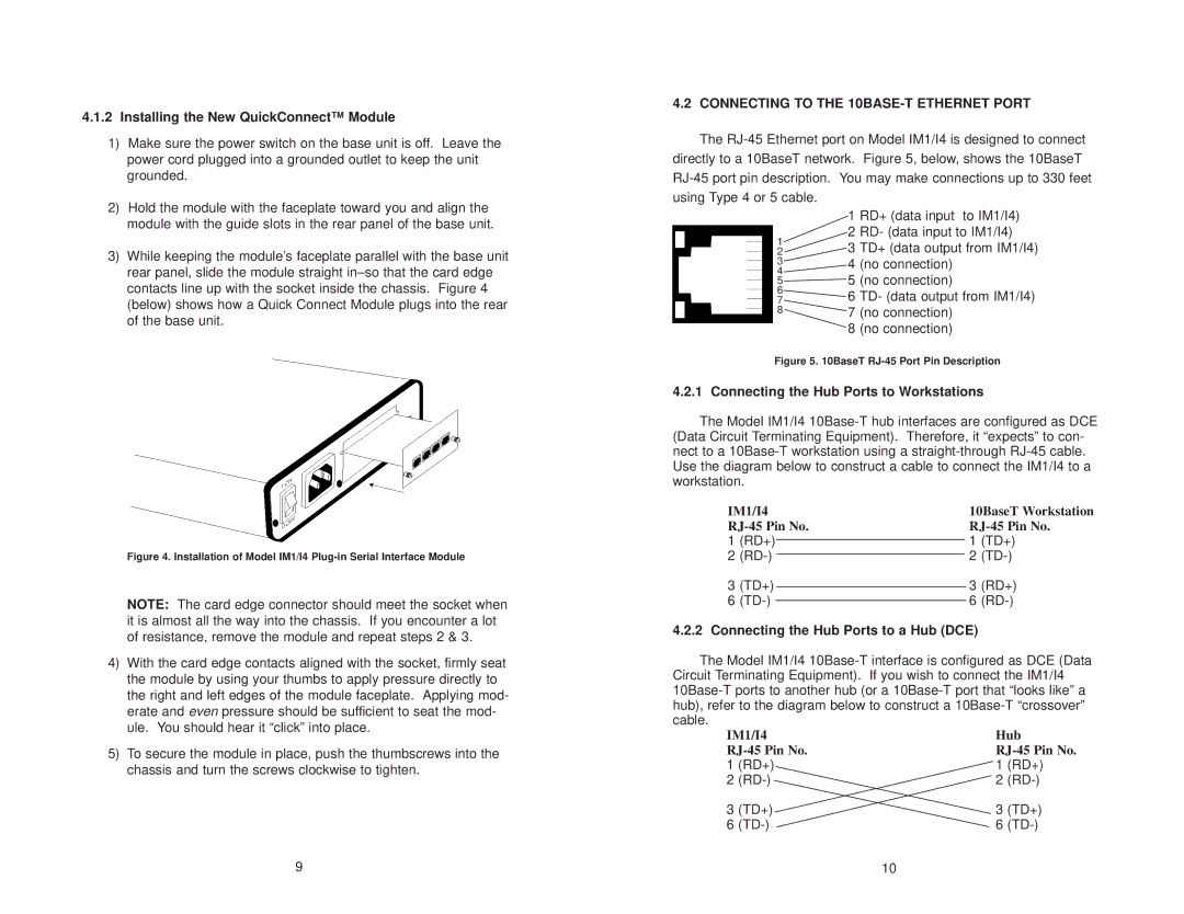 Patton electronic IM1/I4 user manual Installing the New QuickConnect Module, Connecting to the 10BASE-T Ethernet Port 