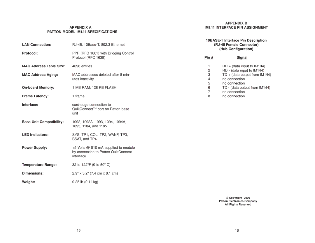 Patton electronic IM1/I4 10BASE-T Interface Pin Description, LAN Connection, RJ-45 Female Connector, Hub Configuration 